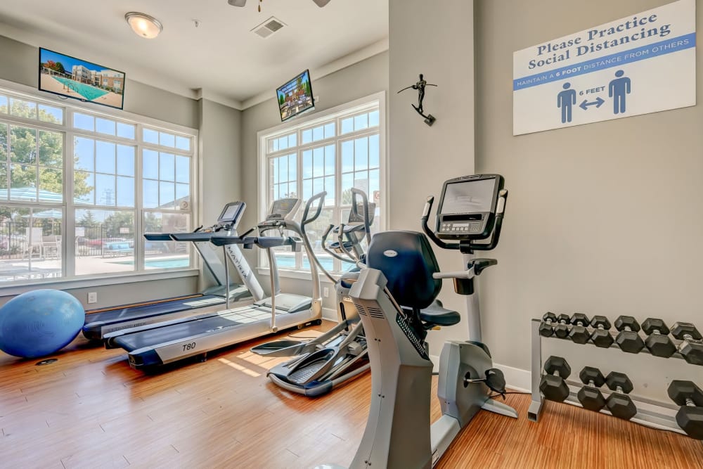 Modern fitness center at Reserve at Kenton Place Apartment Homes in Cornelius, North Carolina