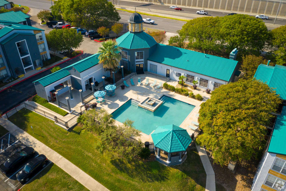 Aerial view of sparkling pool at The Clara in San Antonio, Texas