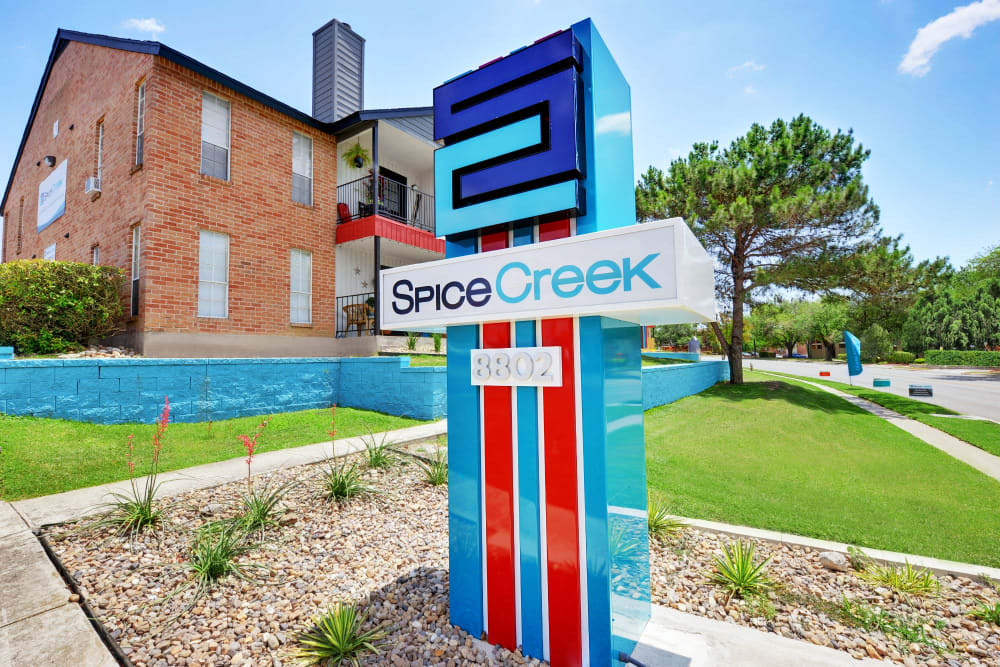 Sign and landscaping at Spice Creek in San Antonio, Texas