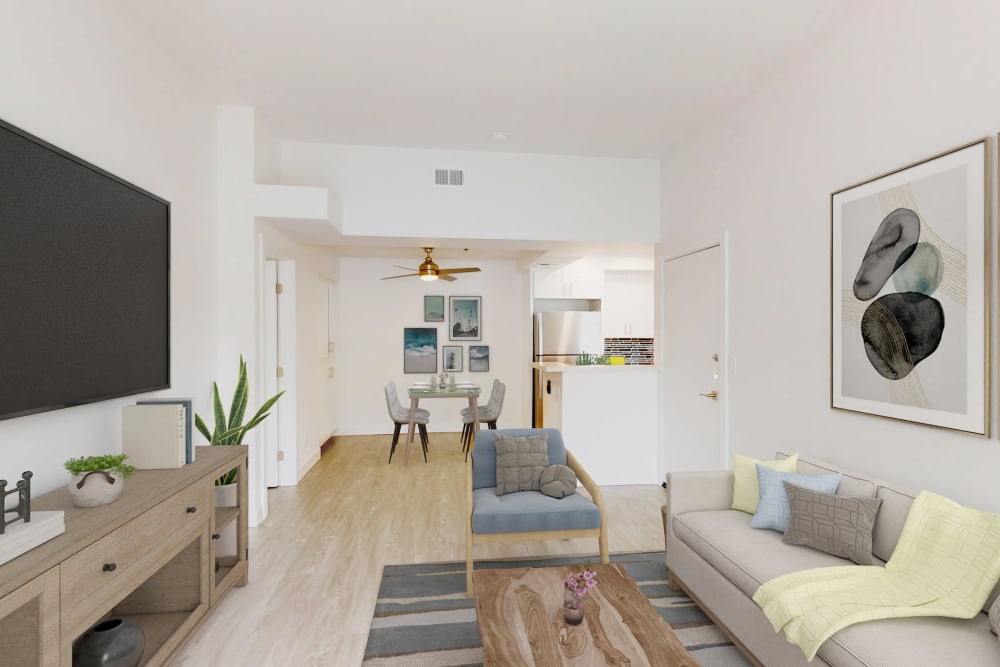 Well-lit spacious living room in one-bedroom unit at Sendero Huntington Beach