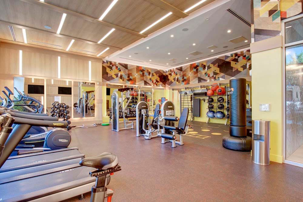 Shared workout facility at The Linden in Long Beach, California
