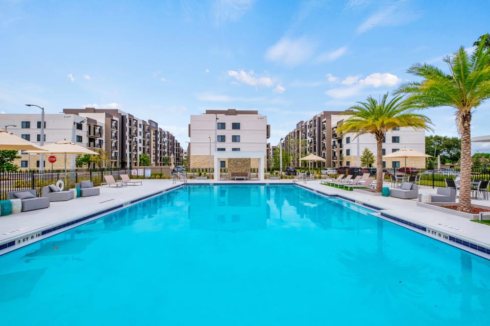 Swimming pool looking towards apartments at Oak Enclave in Miami Gardens, Florida