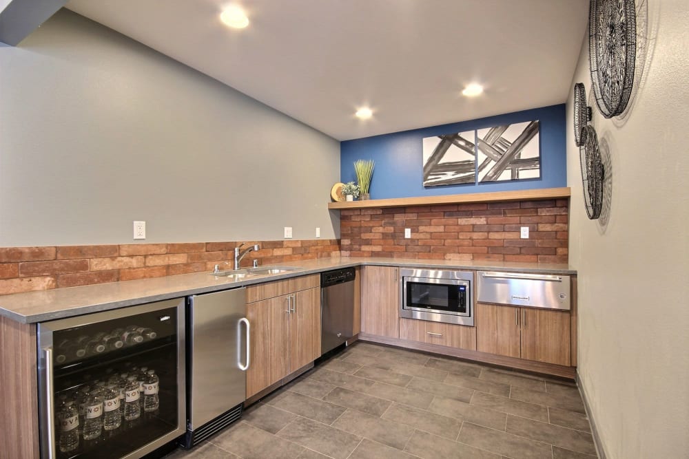 Modern community kitchen area at Nova North in Everett, Washington