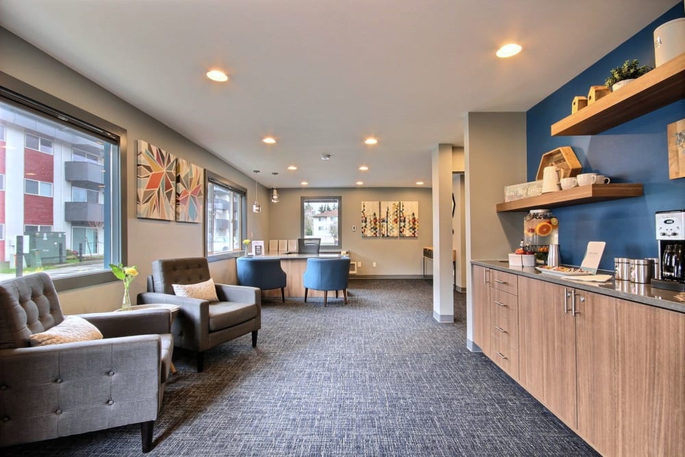 Leasing center with plenty of comfortable chairs at Nova North in Everett, Washington