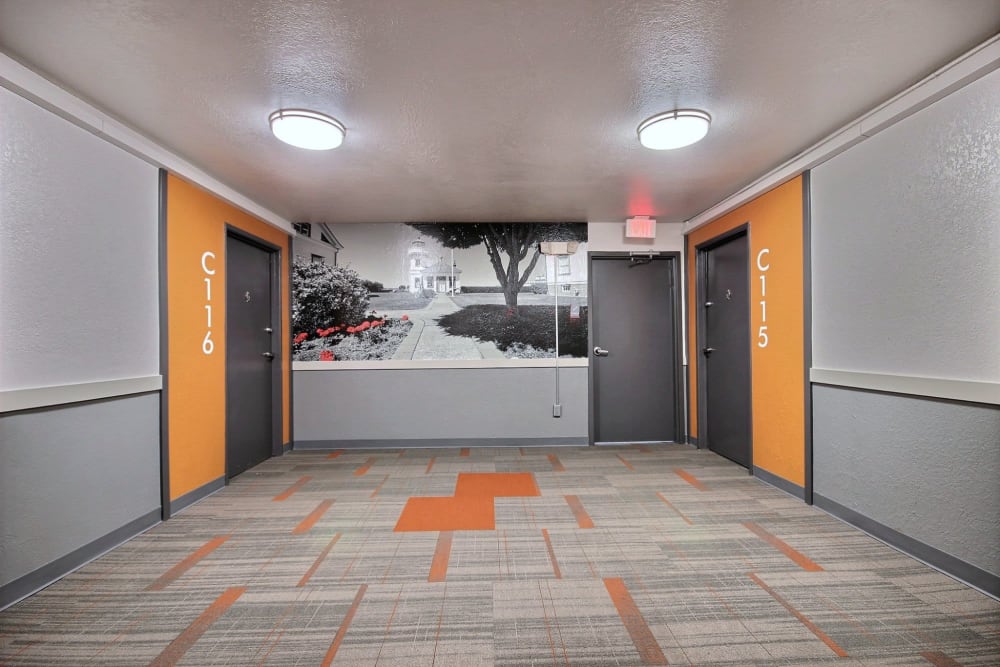 Hallway with elevators and fun designs at Nova North in Everett, Washington