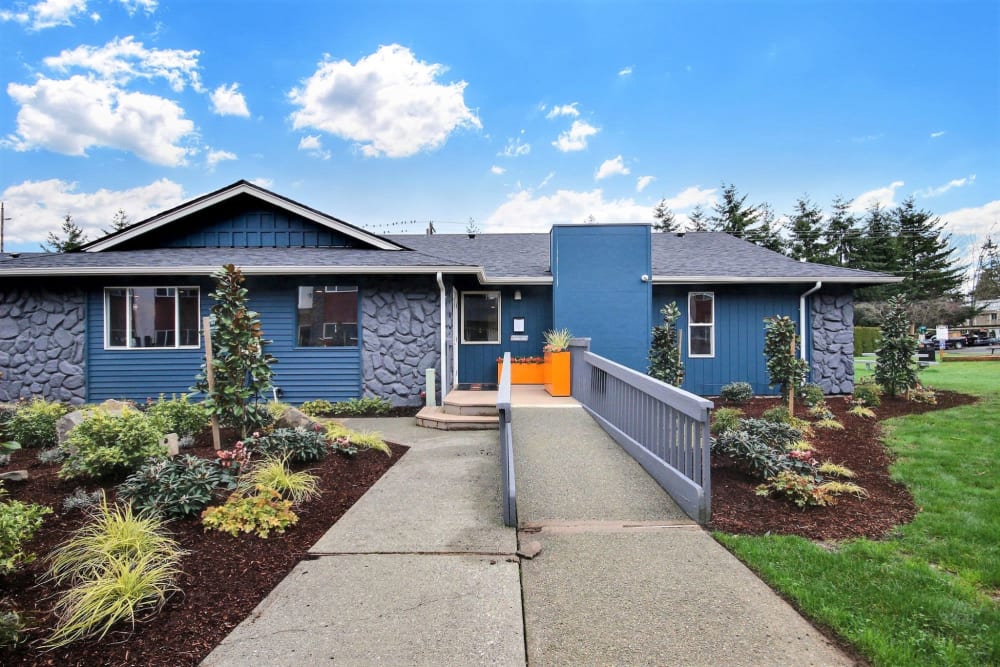 Leasing center with nice landscaping at Nova North in Everett, Washington