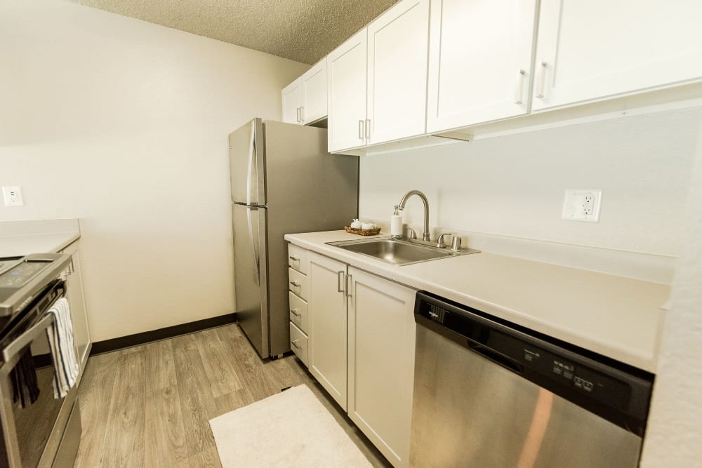 Model apartment with modern kitchen at Nova North in Everett, Washington