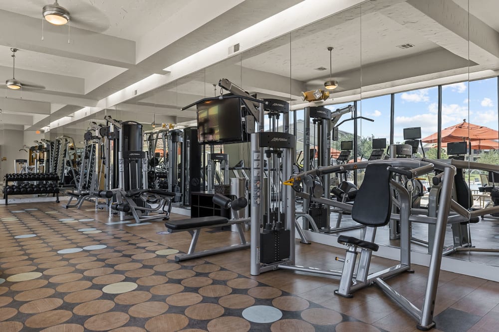 Fully equipped fitness center at Marquis at the Reserve in Katy, Texas