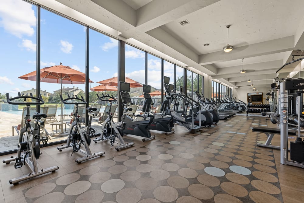 Fully equipped fitness center at Marquis at the Reserve in Katy, Texas
