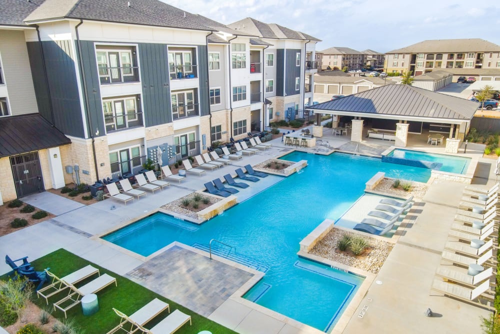 Aerial view of the swimming pool at The Everett at Ally Village in Midland, Texas