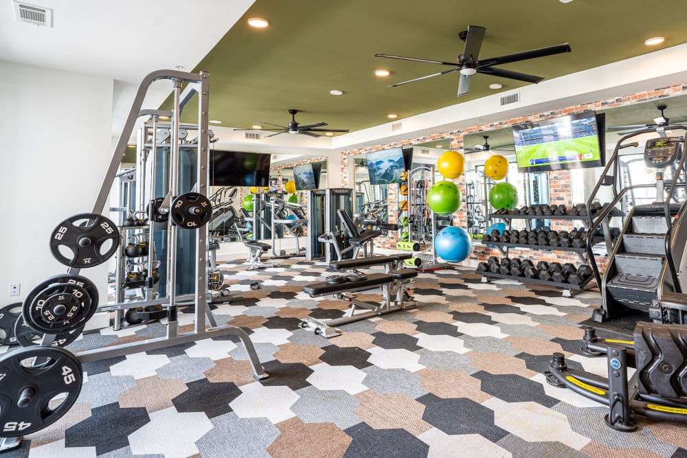 Fitness center with weights at The Everett at Ally Village in Midland, Texas