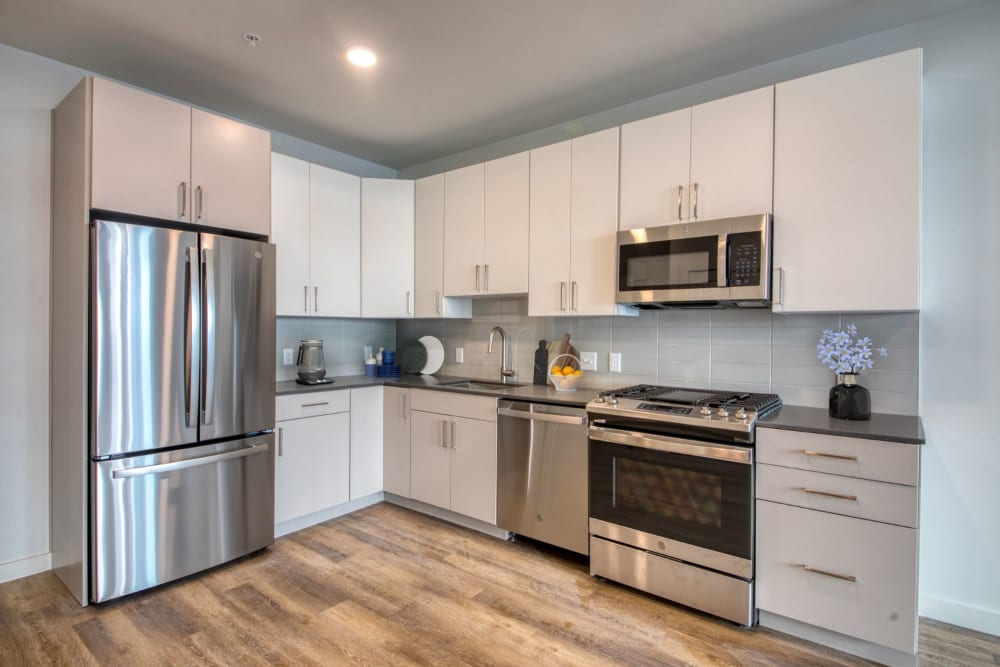Modern kitchen with stainless-steel appliances at Alexander Crossing, Yonkers, New York