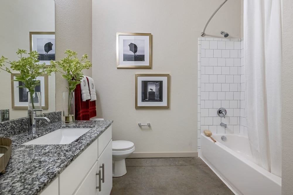 Granite counter bathroom sink with white cabinets and mirror at Marq on Burnet in Austin, Texas