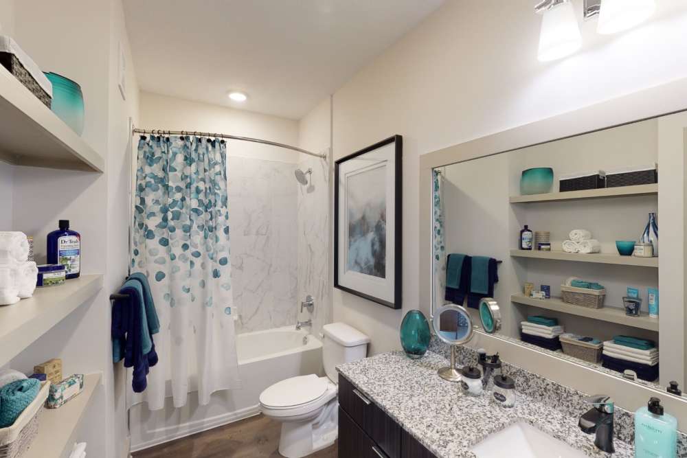 Apartment bathroom with granite counter tops at Soba Apartments in Jacksonville, Florida