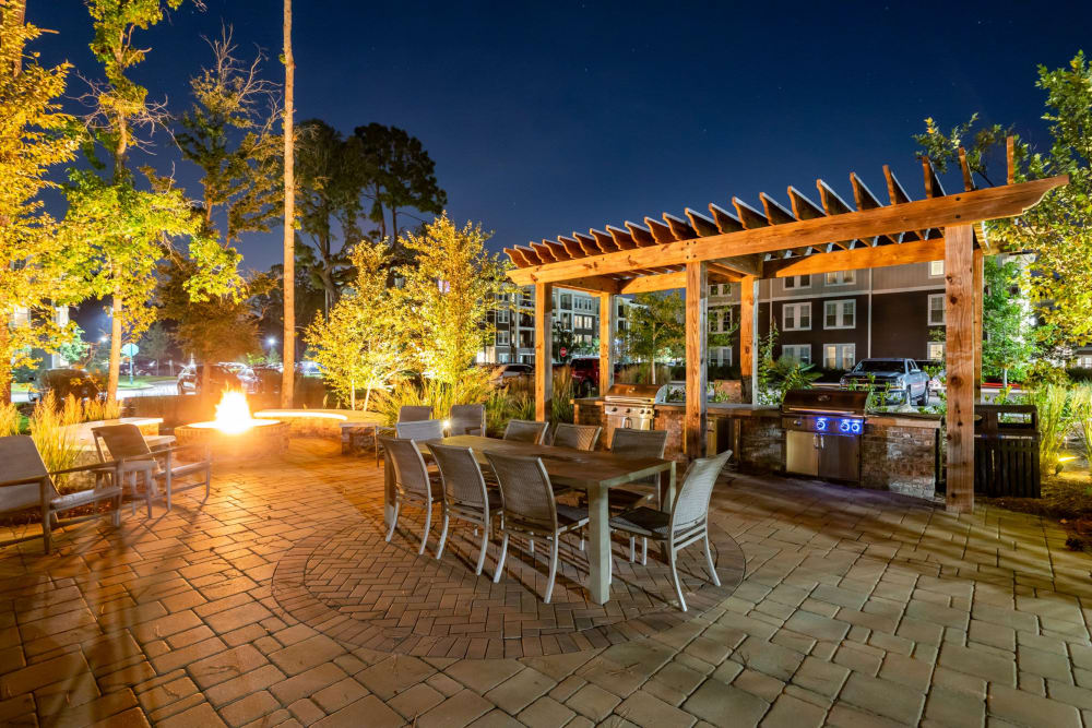 2 BBQ's and lounge seating and a fire pit at The Heyward | Apartments in Charleston, South Carolina