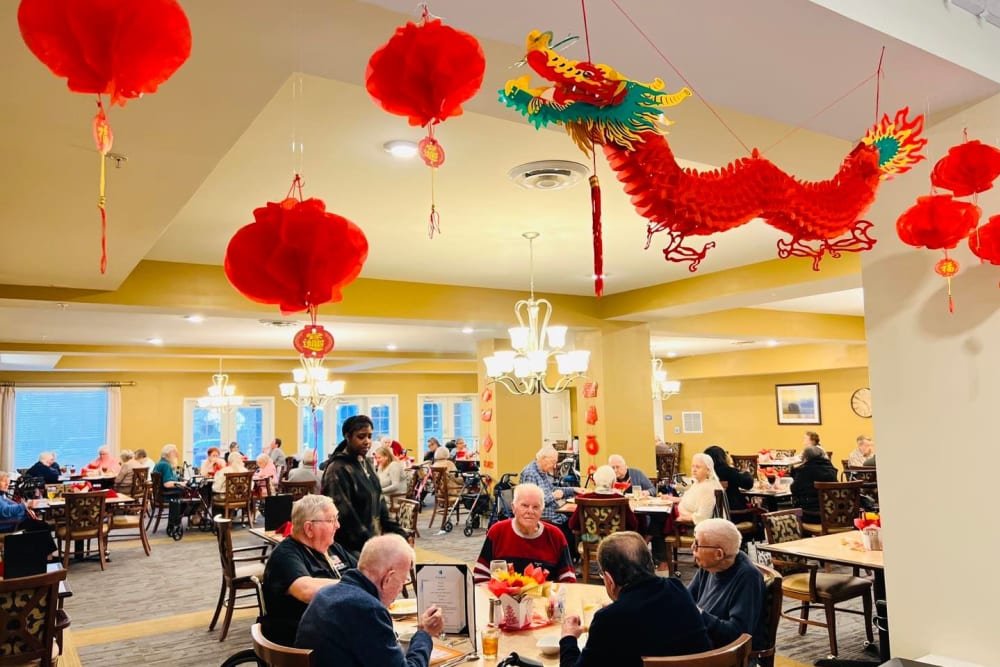 Festive decorations in the dining hall at Harmony Senior Services