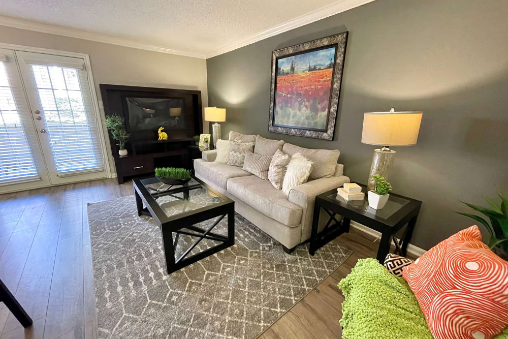 Living room at The Abbey at Montgomery Park in Conroe, Texas