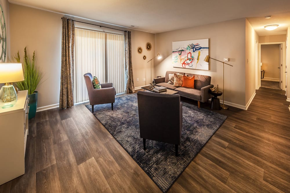 Model living room at The Meridian South, Indianapolis, Indiana