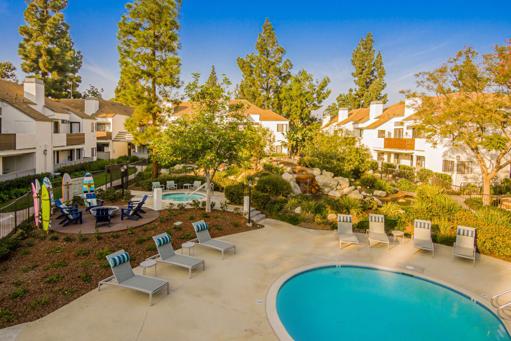 Pool surrounded by Luscious Landscaping at Sendero Huntington Beach