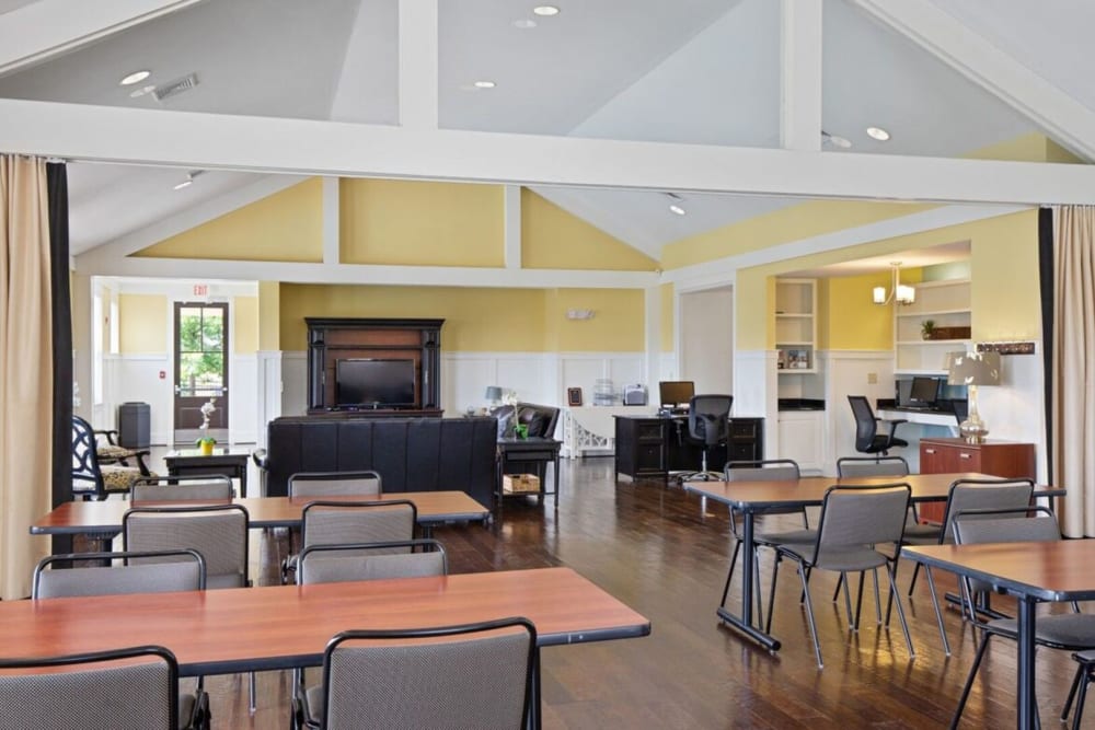 Community gathering space with high ceilings at Park Terrace in High Point, North Carolina