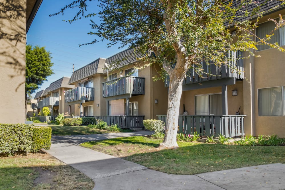 Paved walkways at Casa La Palma Apartment Homes in La Palma, California