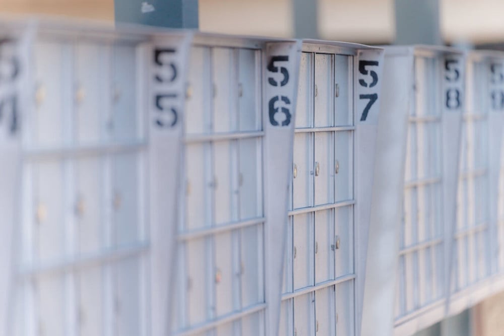 Mail boxes outside Casa La Palma Apartment Homes in La Palma, California