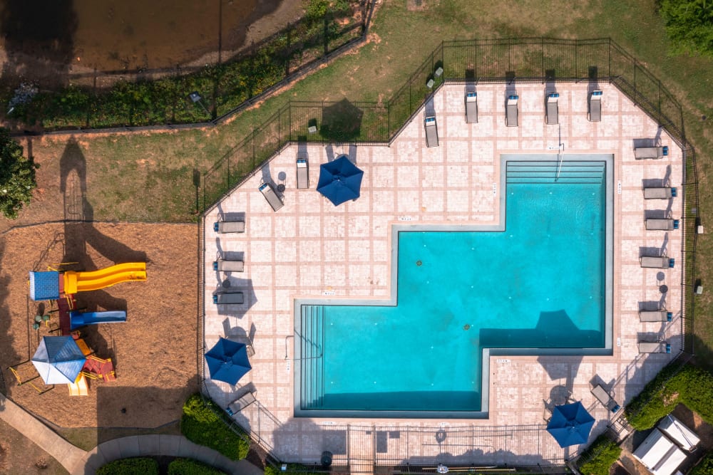 Aerial view of the pool and playground at The Belmont in Evans, Georgia