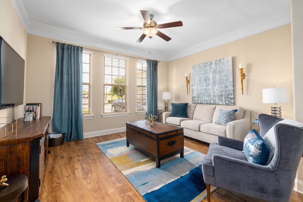 Living space with blue accents at Marquis Ellis Crossing in Durham, North Carolina