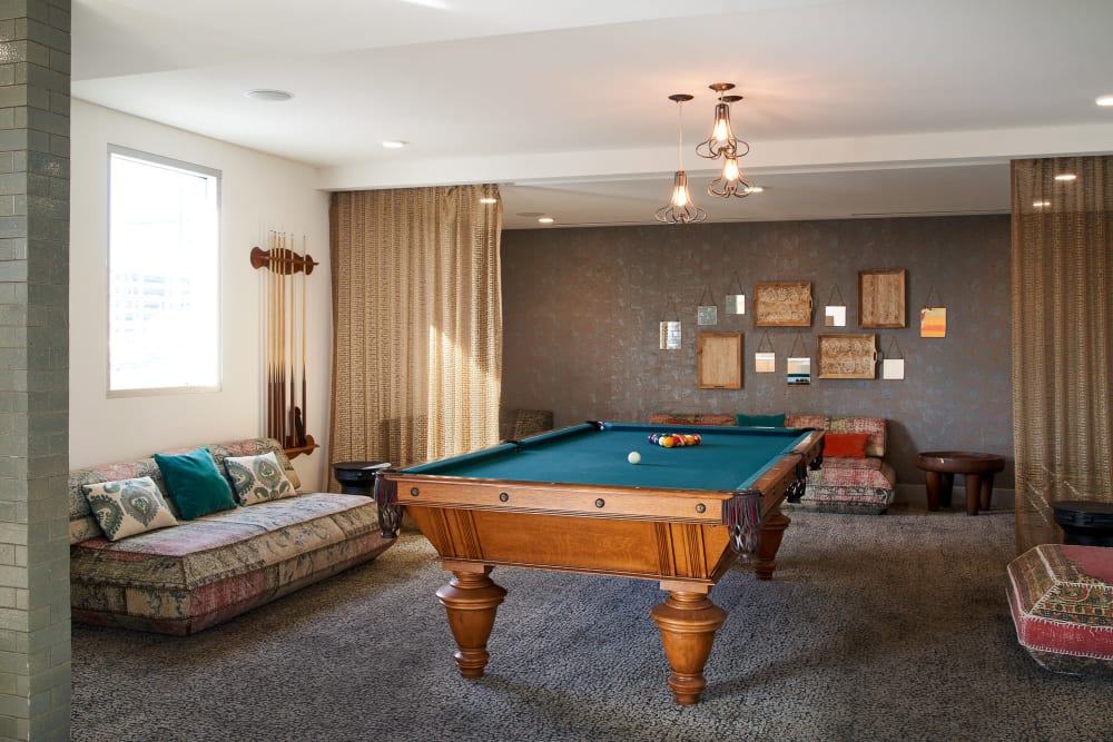 Pool table at resident club house at Angelene Apartments in West Hollywood, California