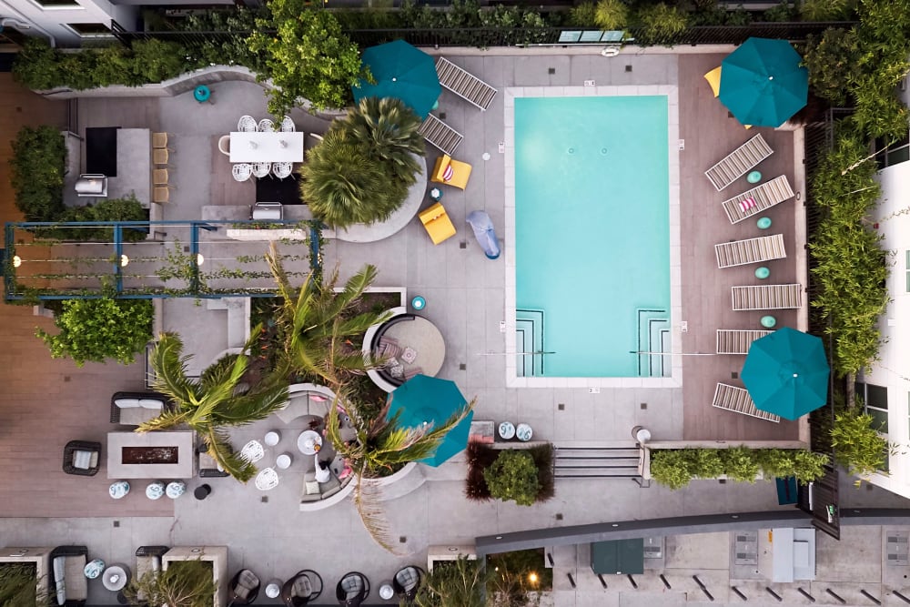 Birds eye view of the pool at Angelene Apartments in West Hollywood, California