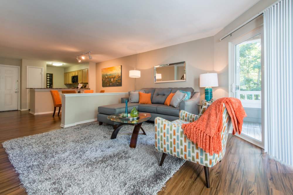 Well-lit living room connected to outdoor through glass door at The Elms at Falls Run in Ellicott City, Maryland