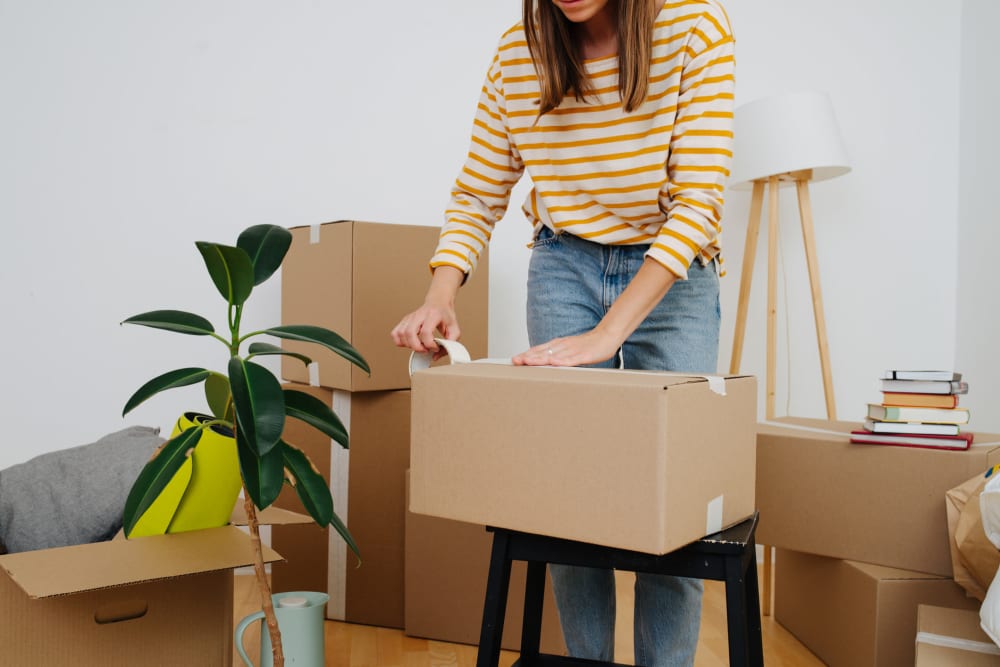 A woman packing a box at home near modSTORAGE Skyline in Laramie, Wyoming