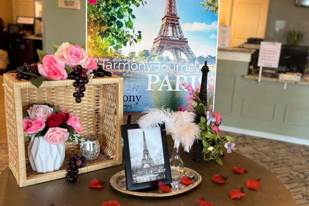 A display of crafts and France at Harmony Senior Services