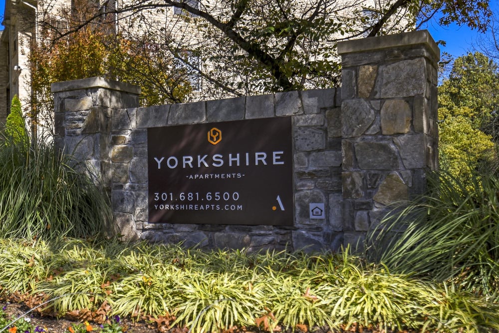 Exterior sign at Yorkshire Apartments in Silver Spring, Maryland