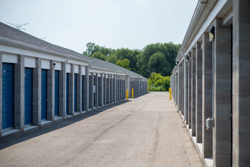 Blue storage unit doors at Apple Self Storage - Peterborough in Peterborough, Ontario
