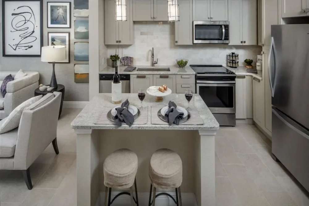 Stainless-steel appliances in an apartment kitchen at Sole at City Center in West Palm Beach, Florida