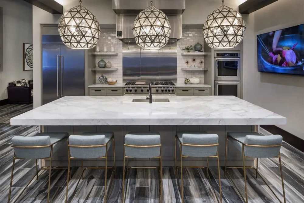 Kitchen in the community clubhouse at Sole at City Center in West Palm Beach, Florida