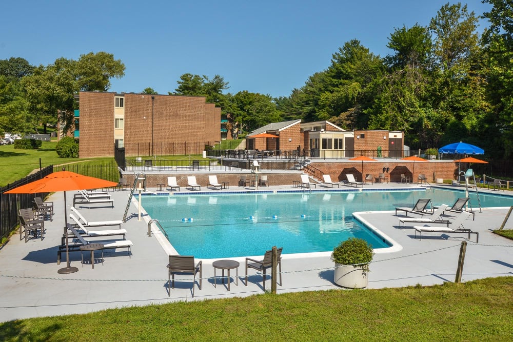 Aerial view of the swimming pool at Landmark Glenmont Station in Silver Spring, Maryland