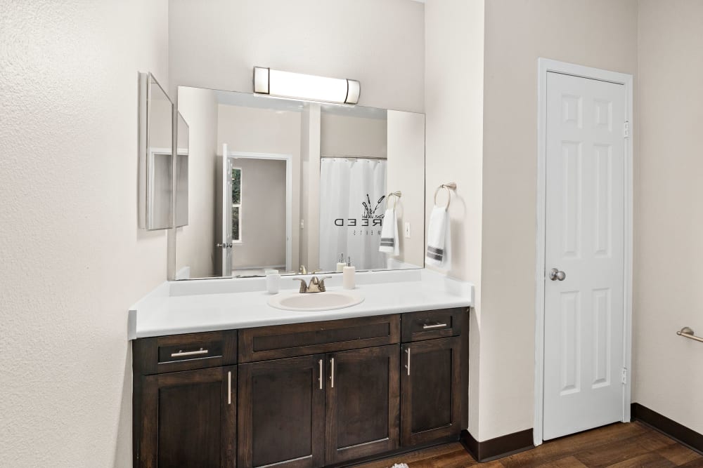 Master bathroom with brown cabinetry at Wildreed Apartments in Everett, Washington