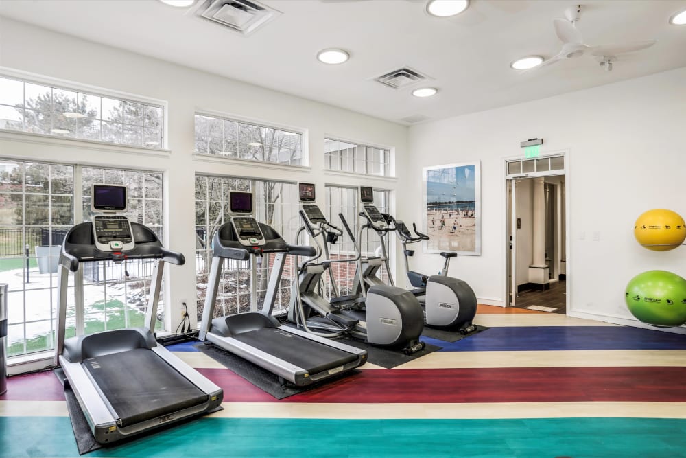 Bright and well-equipped fitness center at Citation Club in Farmington Hills, Michigan