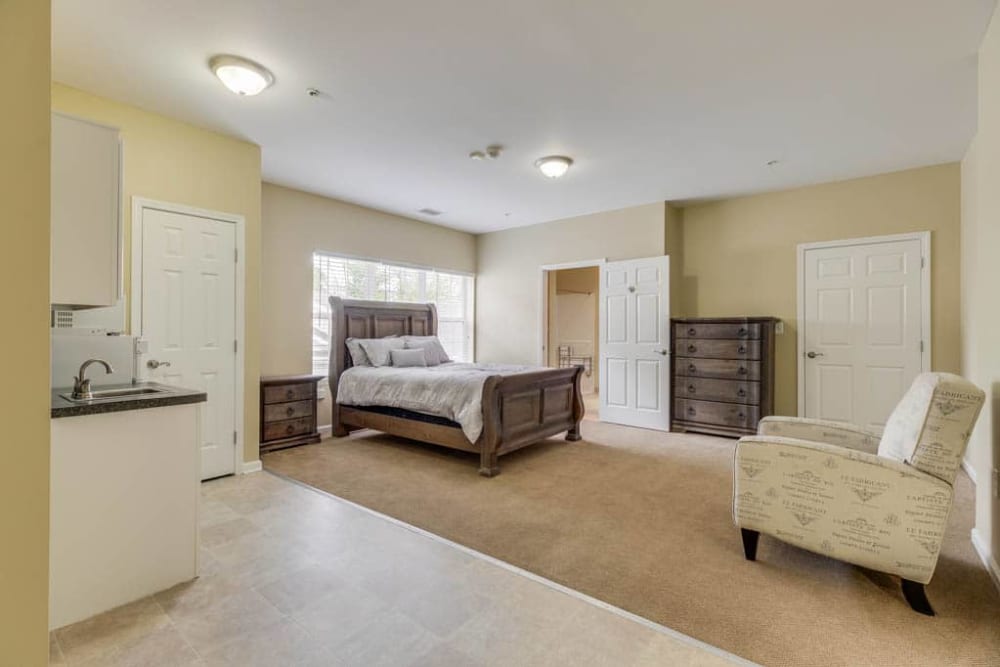 Large open floor bedroom at Arcadia Senior Living Louisville in Louisville, Kentucky