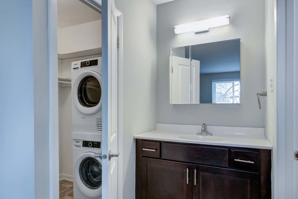 Renovated bathroom and in-unit washer and dryer at The Addison, North Wales, Pennsylvania