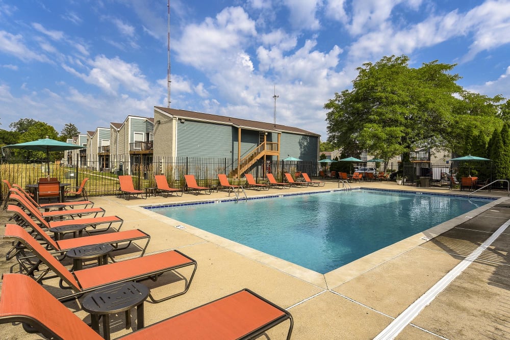 Sun Deck and beach chairs at the Resort Style Pool at The Meridian North, Indianapolis, Indiana