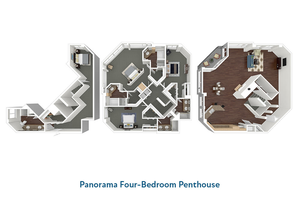 Floor plan renderings of a Panorama Four-Bedroom Penthouse apartment
