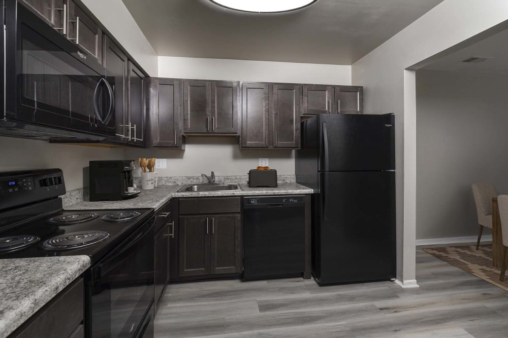 Model renovated kitchen at The Meridian South, Indianapolis, Indiana