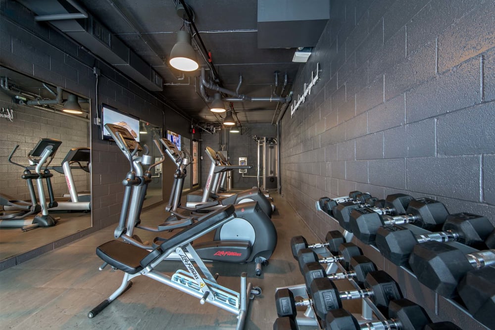 Fitness Center with free weights and cardio equipment at The Monroe, Morristown, New Jersey