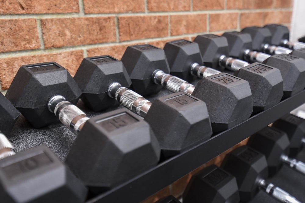 Free weights on-site fitness facility at Holly Court in Pitman, New Jersey