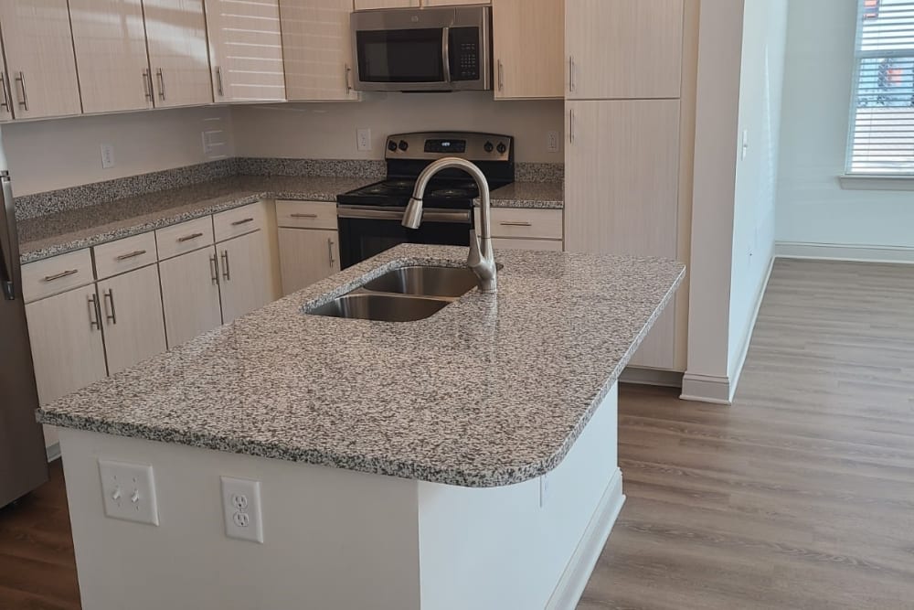Modern kitchen space with granite countertops at Avion Point Apartments in Charlotte, North Carolina