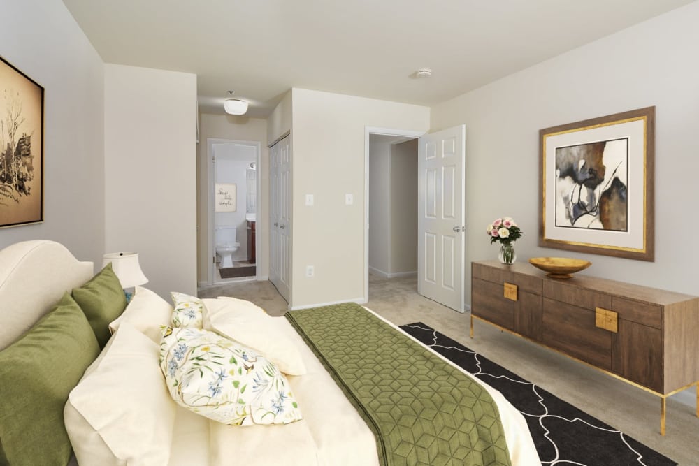 Staged bedroom at Yorkshire Apartments in Silver Spring, Maryland