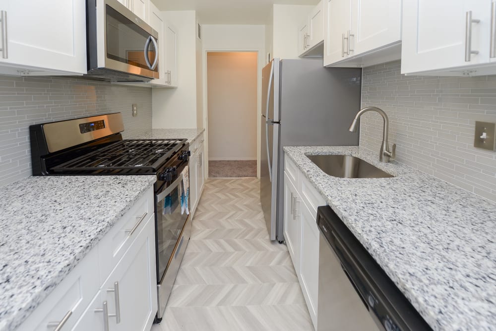Renovated kitchen with white cabinets, granite counters, and stainless steel appliances at The Carlyle Apartments in Baltimore, Maryland